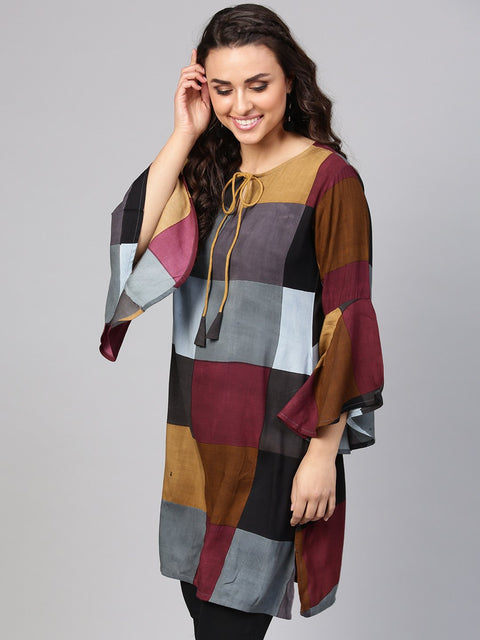 Multi-Colored Checked Tunic Key hole neck & Bell Sleeves