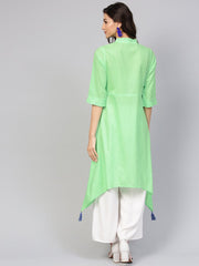 Cotton Pastel Mint green handkerchief kurta with pleated high neck & 3/4 sleeves