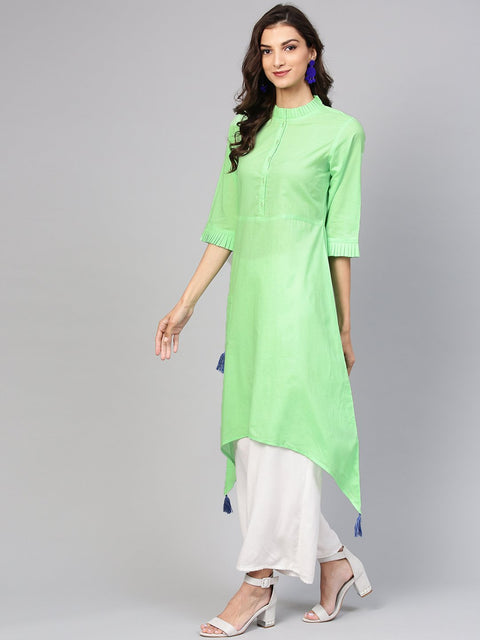Cotton Pastel Mint green handkerchief kurta with pleated high neck & 3/4 sleeves