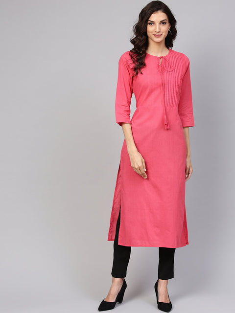 Cotton Pink Even Pleated yoke with Keyhole neckline & 3/4 sleeves