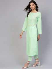 Cotton Round neck Pastel Mint green straight kurta with front placket & 3/4 sleeves