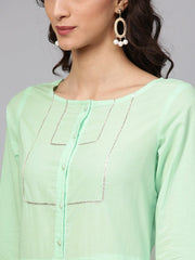 Cotton Round neck Pastel Mint green straight kurta with front placket & 3/4 sleeves