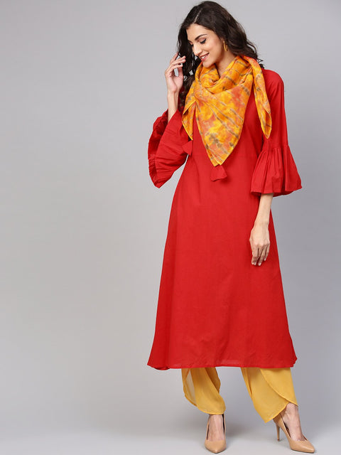 Solid Maroon Kurta with Flared Sleeves & Tie Dye Stole