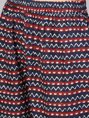 Solid maroon shirt collared kurta with indigo geometric printed pants
