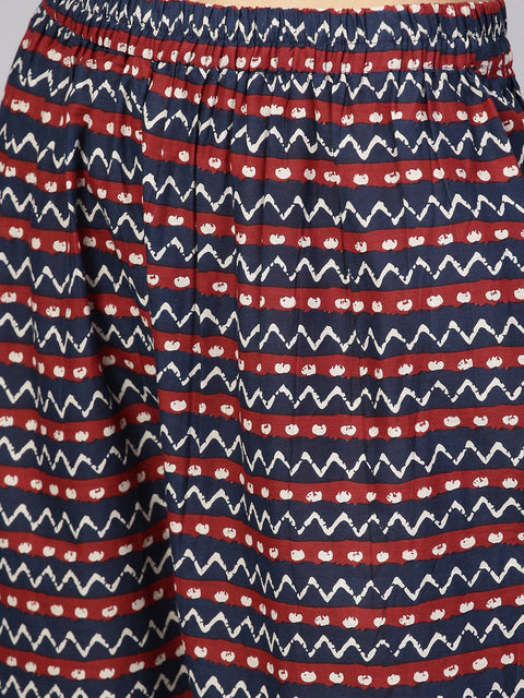 Solid maroon shirt collared kurta with indigo geometric printed pants
