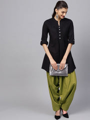 Solid olive green pleated patiala salwar with drawstring detailing