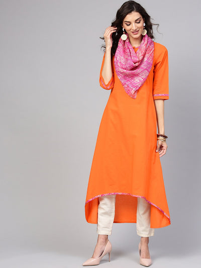 Solid A-line Orange Kurta with Megenta Stole