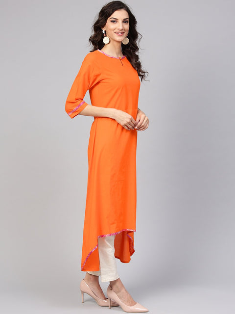 Solid A-line Orange Kurta with Megenta Stole