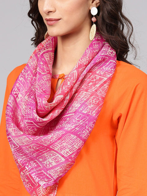 Solid A-line Orange Kurta with Megenta Stole