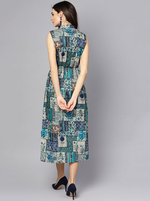 Multi Colored Ankle length dress with Madarin collar