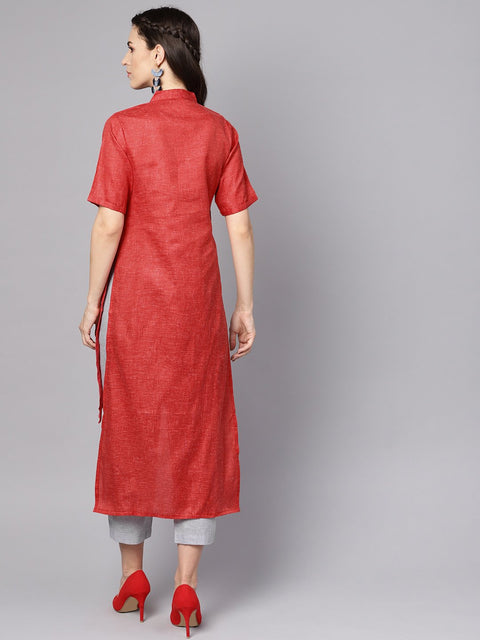 Red High-Low short sleeve Kurta set with solid grey Pants