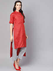 Red High-Low short sleeve Kurta set with solid grey Pants