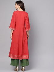 Coral Pink 3/4th sleeve a-line cotton kurta with palazzo