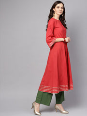 Coral Pink 3/4th sleeve a-line cotton kurta with palazzo