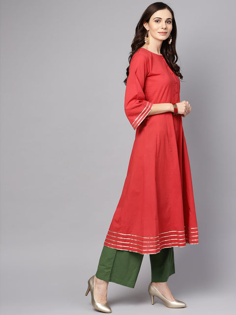 Coral Pink 3/4th sleeve a-line cotton kurta with palazzo