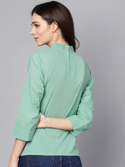 Pine Green top Detailed with Pleats & Ruffled neck
