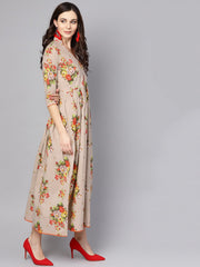 Beige Multi Colored Angrakha style Maxi Dress emblished with tassels