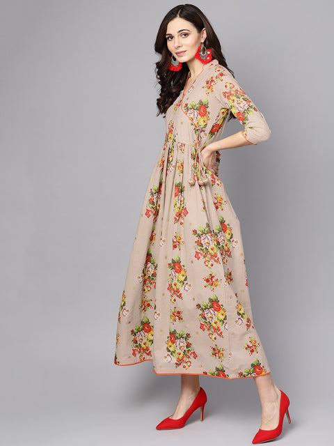 Beige Multi Colored Angrakha style Maxi Dress emblished with tassels Nayo Clothing Beige Multi Colored Angrakha style Maxi Dress emblished with tassels Nayo Clothing