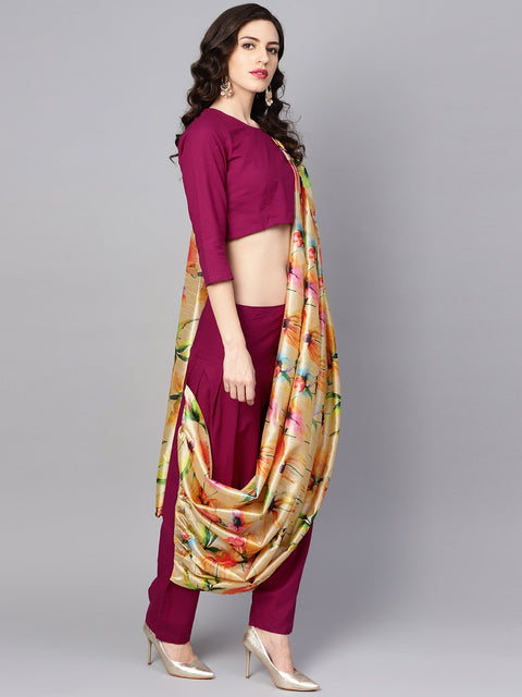 Pink printed palazzo saree with 3/4th sleeve round neck blouse