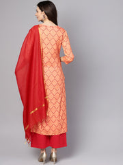 Red 3/4th sleeve rayon kurta with maroon palazzo and dupatta