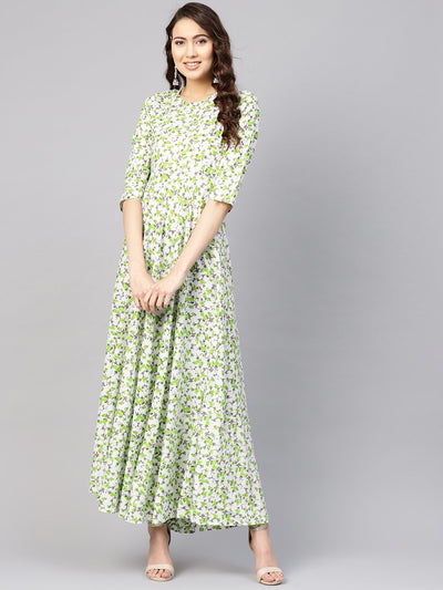 Women White & Green Floral Print Maxi Dress