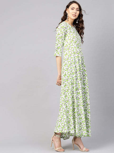 Women White & Green Floral Print Maxi Dress