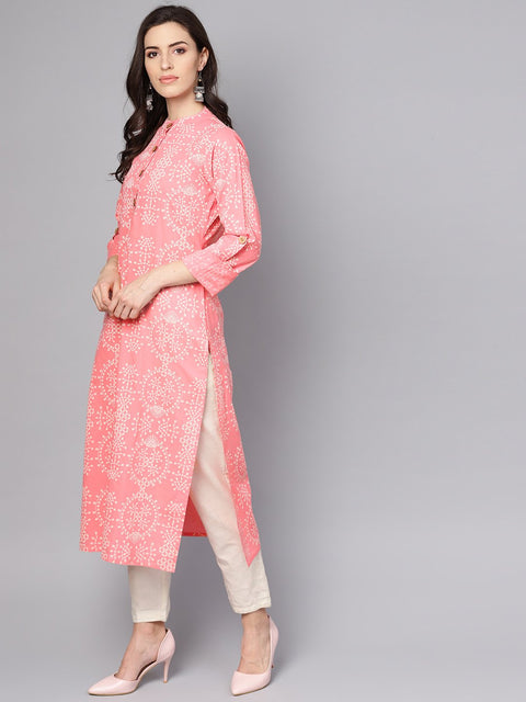 Pink printed full sleeve cotton straight kurta