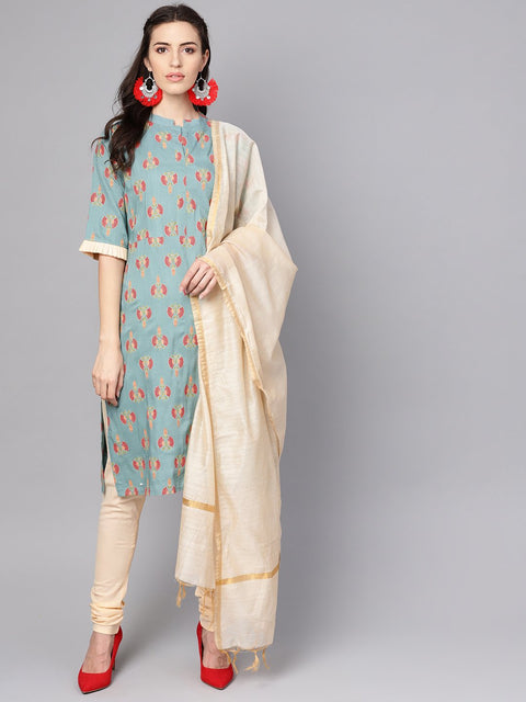 Green printed half sleeve cotton kurta with beige churidar and dupatta