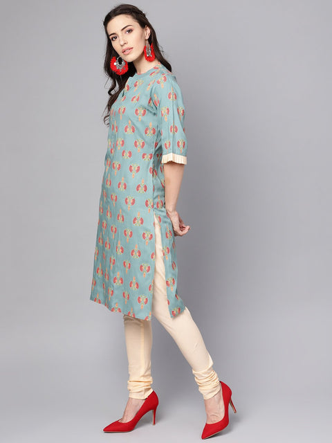 Green printed half sleeve cotton kurta with beige churidar and dupatta