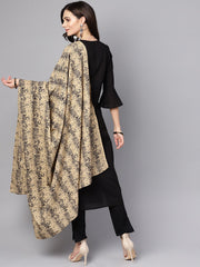 Black 3/4th sleeve cotton kurta and palazzo with beige printed dupatta