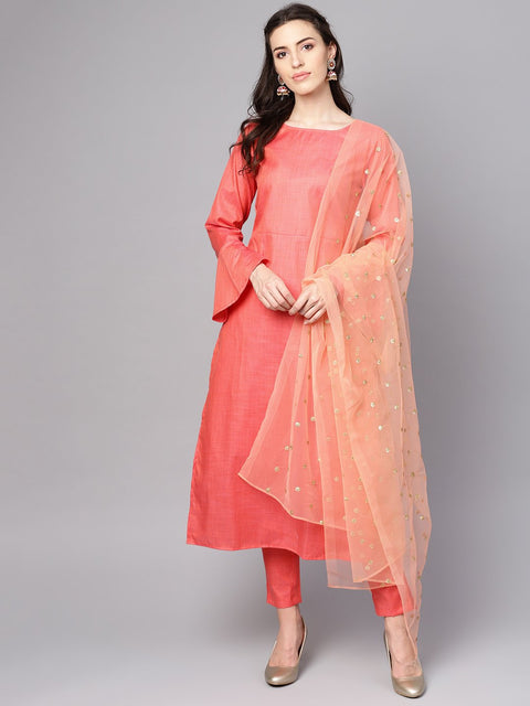 Red full sleeve cotton kurta with  pant and brocade dupatta
