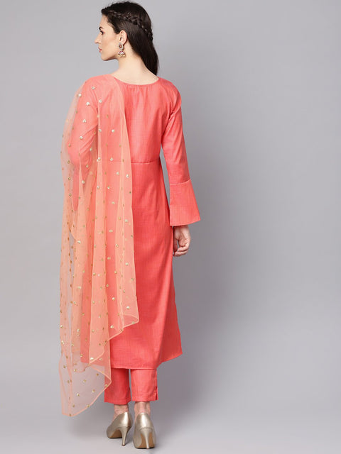 Red full sleeve cotton kurta with  pant and brocade dupatta