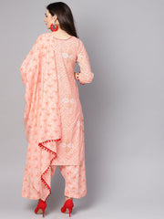 Baby Pink printed 3/4th sleeve cotton kurta with patiala and dupatta