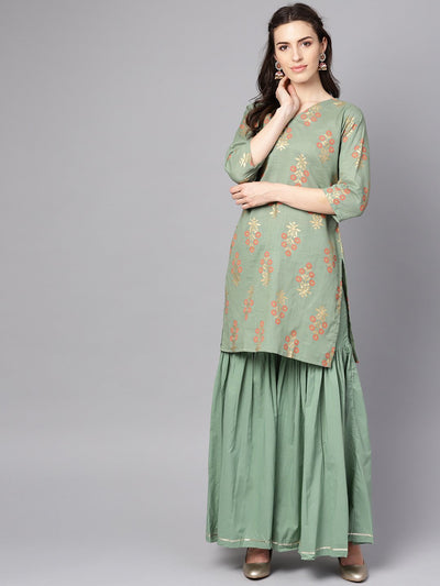 Green printed half sleeve cotton kurta with sharara and orange dupatta