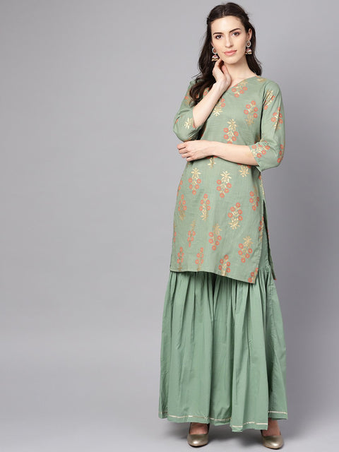 Green printed half sleeve cotton kurta with sharara and orange dupatta