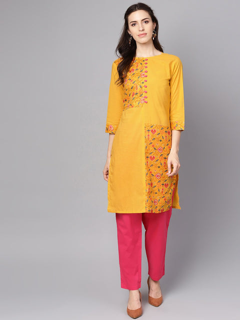 Yellow printed 3/4th sleeve cotton kurta with red palazzo