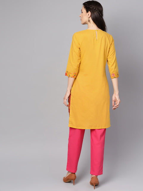 Yellow printed 3/4th sleeve cotton kurta with red palazzo