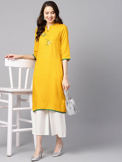 Mustard yellow embroidered straight rayon kurta with 3/4th sleeves