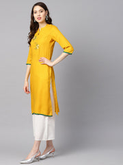 Mustard yellow embroidered straight rayon kurta with 3/4th sleeves
