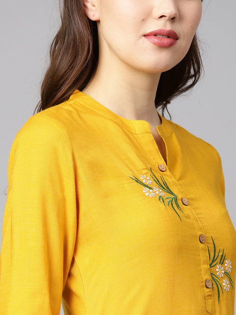 Mustard yellow embroidered straight rayon kurta with 3/4th sleeves