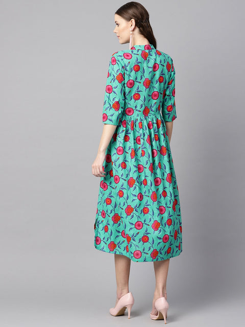 Blue colored Floral Printed 3/4th sleeve pleated dress