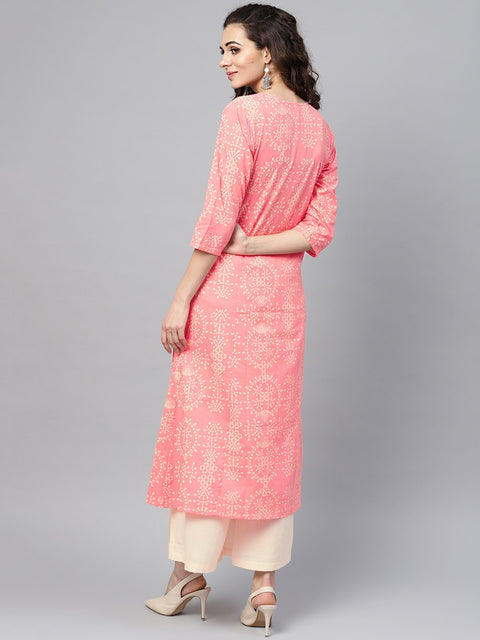 Pink printed 3/4th sleeve kurta set with beige palazzo