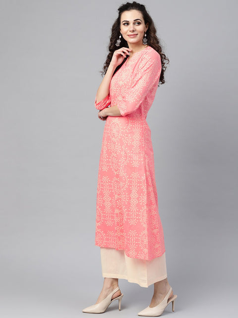 Pink printed 3/4th sleeve kurta set with beige palazzo