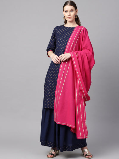 Navy blue gold printed straight kurta with solid navy blue skirt with solid rani pink dupatta