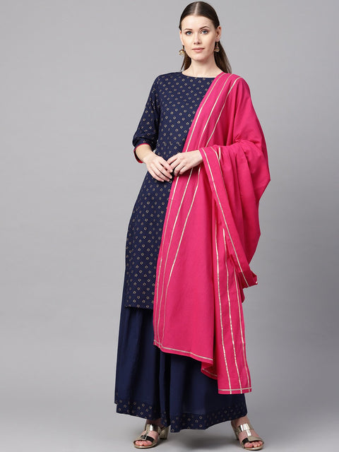 Navy blue gold printed straight kurta with solid navy blue skirt with solid rani pink dupatta