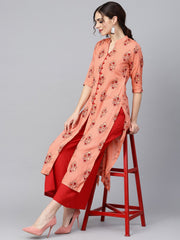 Geometric gold khadi printed straight kurta with multi slits and button detailing, with solid red palazzo