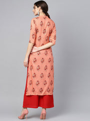 Geometric gold khadi printed straight kurta with multi slits and button detailing, with solid red palazzo