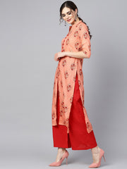 Geometric gold khadi printed straight kurta with multi slits and button detailing, with solid red palazzo