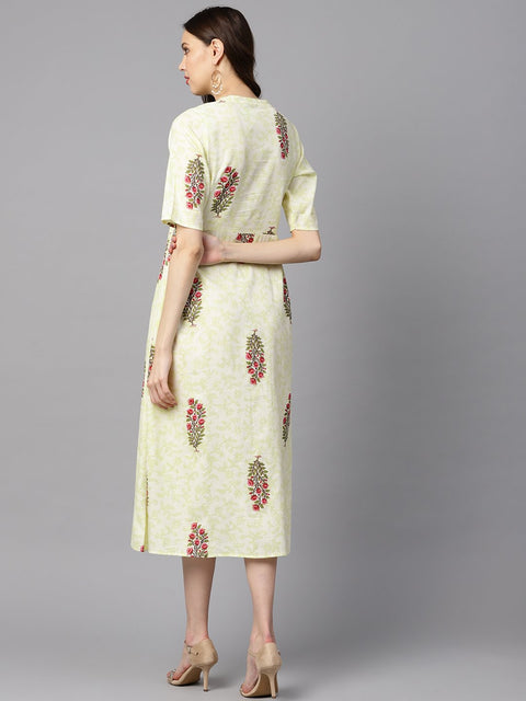 Floral Printed Dress with side pleats