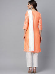 Solid peach gota detailing straight kurta and solid off white pants  with gota detailing off white mul dupatta